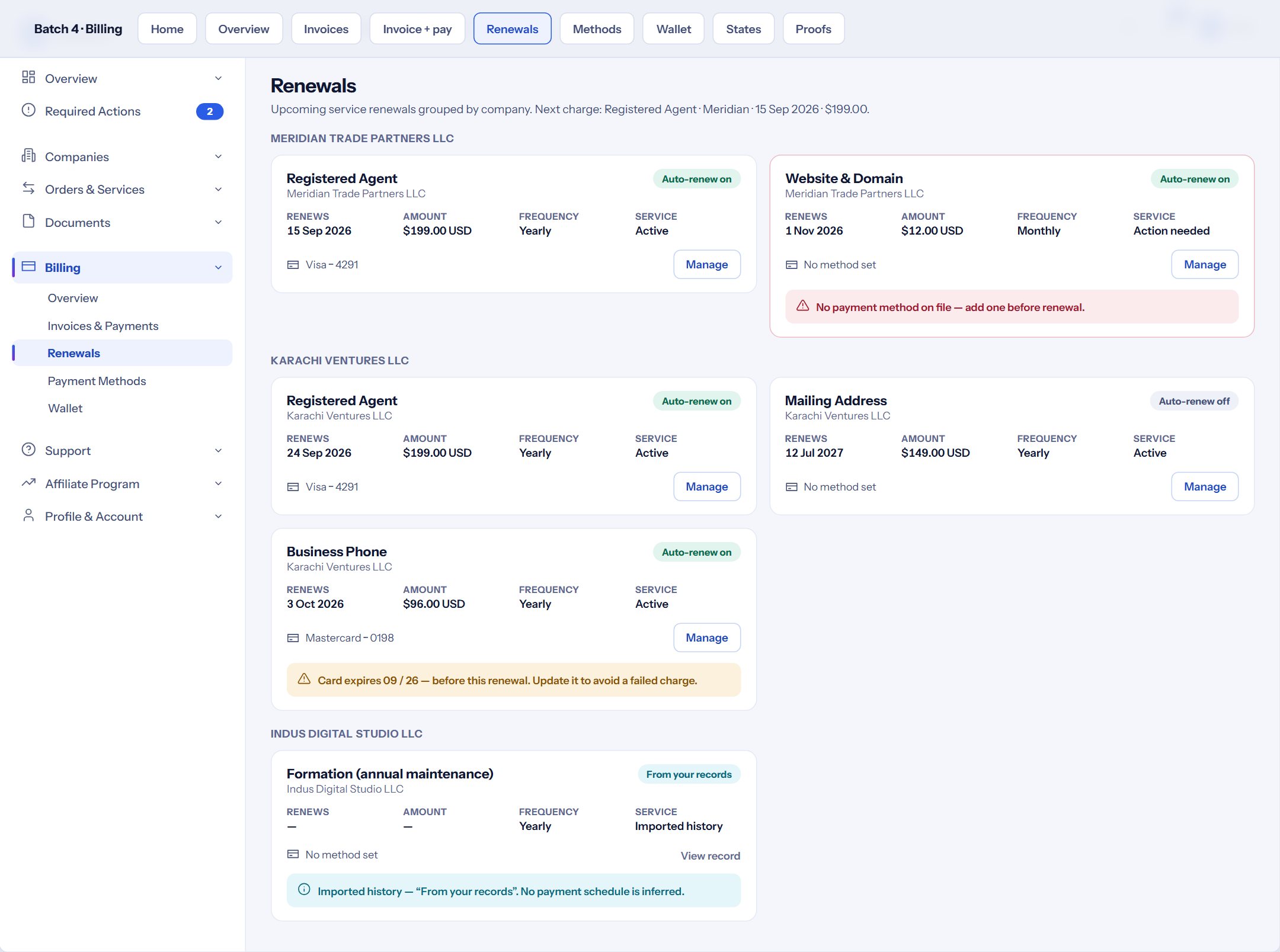 Kuick portal compliance calendar listing renewals and reports with due dates.